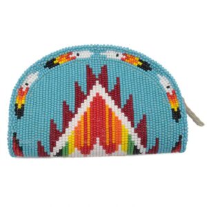 Hand Beaded Native American Inspired Ethnic Style Seed Bead Coin Purse - Cyan Red