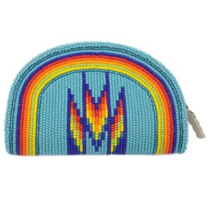 Hand Beaded Native American Inspired Ethnic Style Seed Bead Coin Purse - Cyan Rainbow