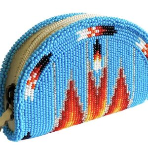 Hand Beaded Native American Inspired Ethnic Style Seed Bead Coin Purse - Cyan Feather