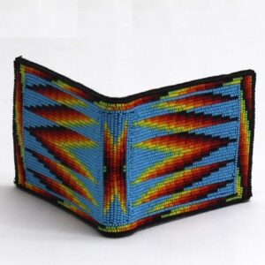 Handmade beaded Native American style genuine leather Men's bifold Wallet/purse - Cyan Blue Fire