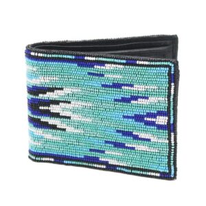 Handmade beaded Native American style genuine leather Men's bifold Wallet/purse - Sea Green Blue